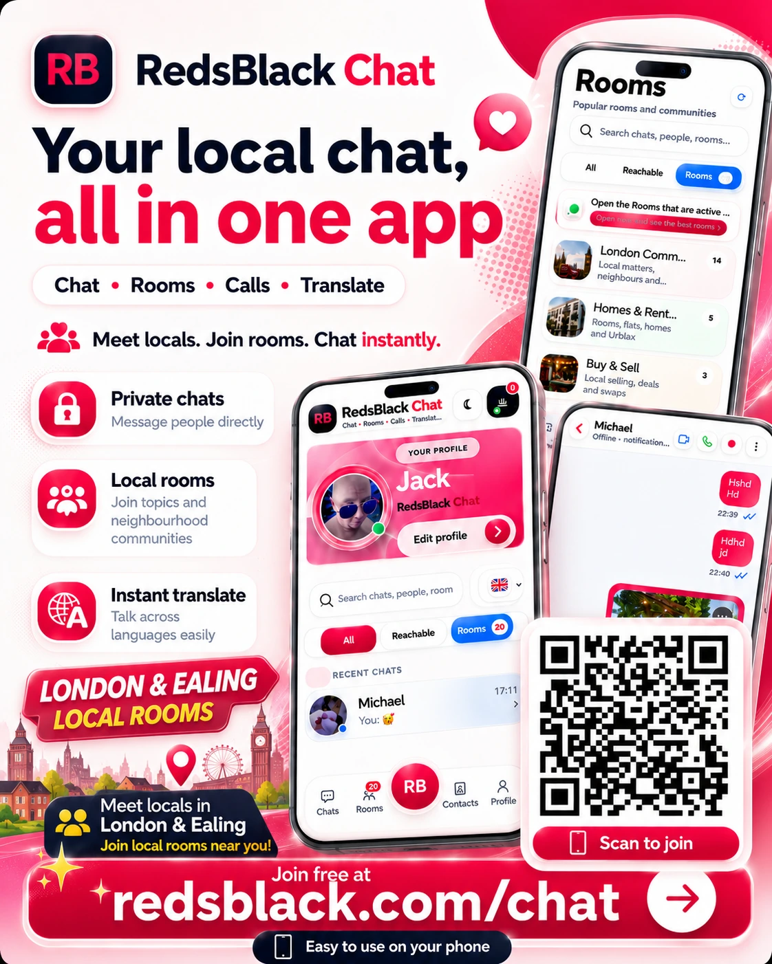 RedsBlack Chat — local community chat for London and Ealing with live translation